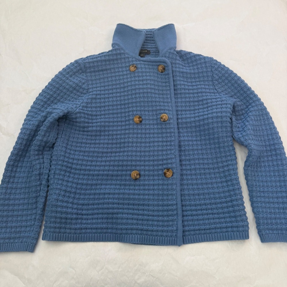 Ann Taylor Blue Textured Knit Double Breasted Cardigan Sweater Jacket Womens L